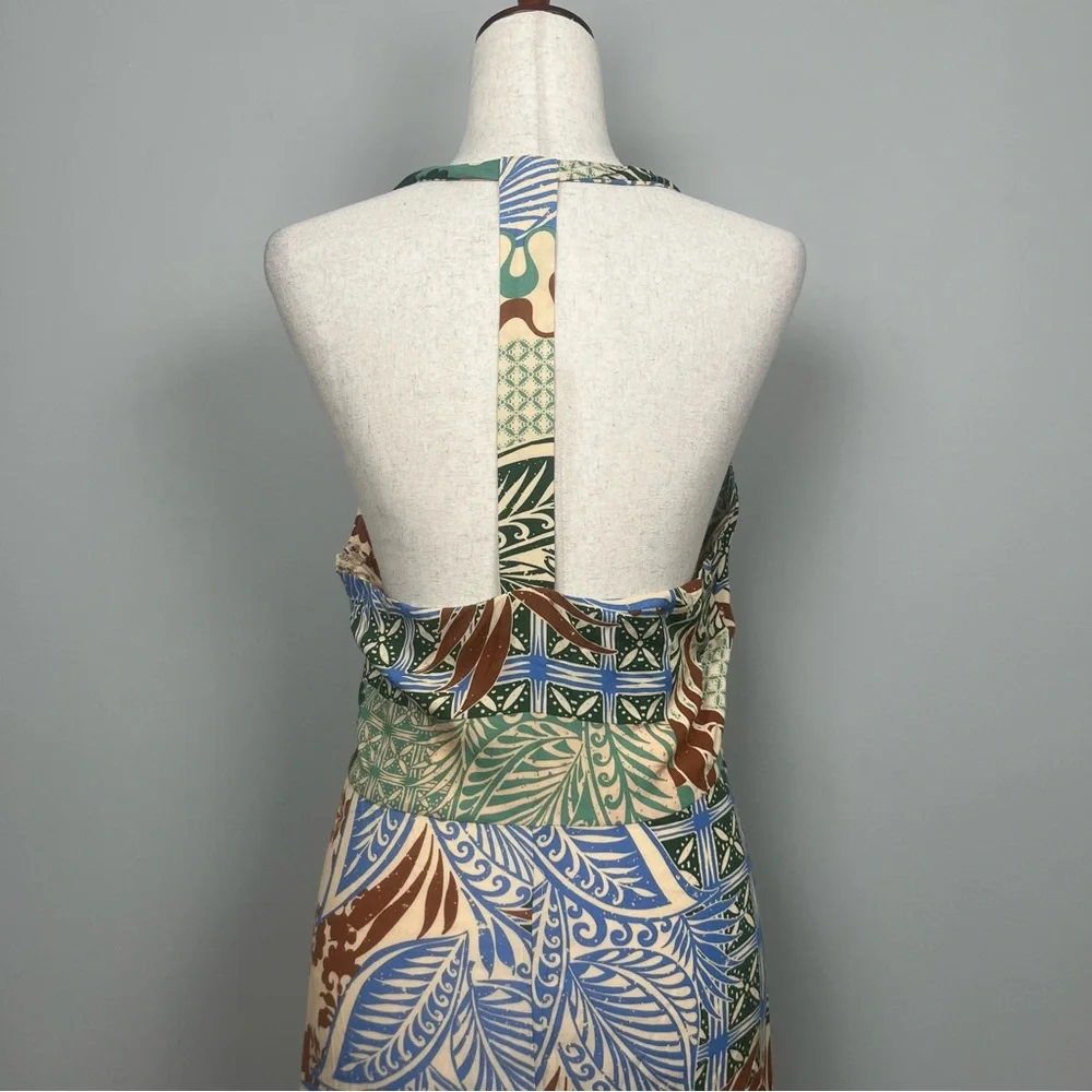 NWT‎ Vince Camuto Green and Brown Patchwork Maxi Dress Halter T Back SZ L